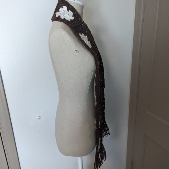 Vintage Skinny Handmade Crochet Knit Floral Scarf Boho - Picture 3 of 5